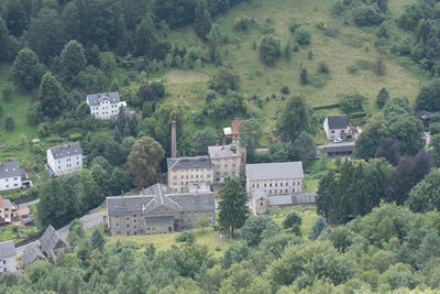 Trees and buildings in mountains