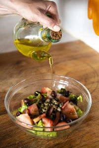 High angle view of food in bowl on table