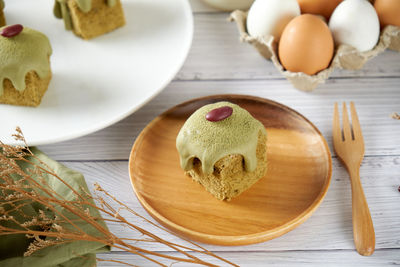 High angle view of dessert in plate on table