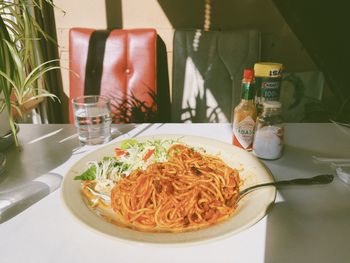 Close-up of meal served on table