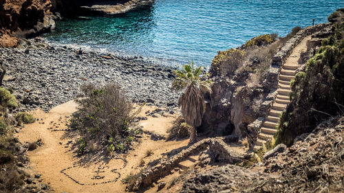 High angle view of rocks on beach