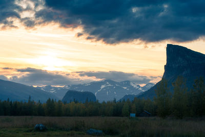 Scenic view of mountains against sky during sunset in sarek np, sweden.