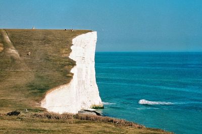 Scenic view of sea against clear blue sky