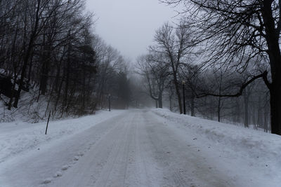 Road amidst snow covered land trees against sky