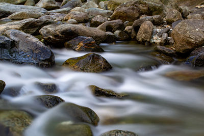 Surface level of water flowing over rocks