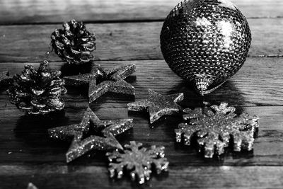 Close-up of christmas decorations on table