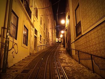 Narrow walkway along buildings at night