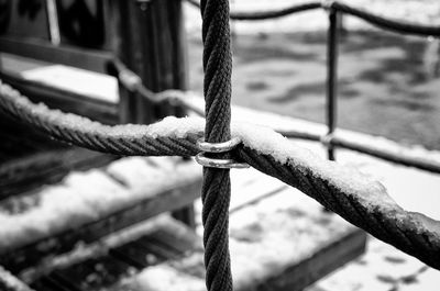 Snow covered ropes of boat