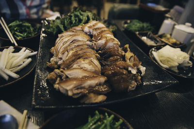 High angle view of food in plate on table