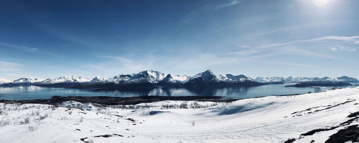 Panoramic view of snowcapped mountains against sky