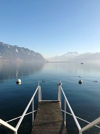 Scenic view of lake against clear blue sky