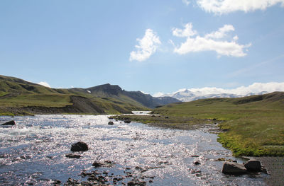 Scenic view of landscape and mountains against sky