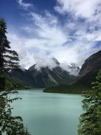 Scenic view of water and mountains against sky