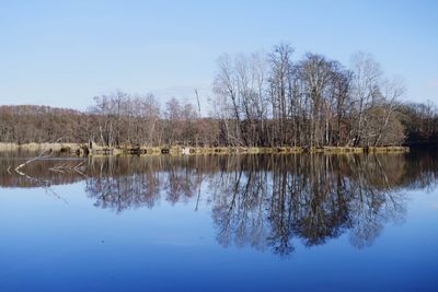 Scenic view of lake against clear blue sky