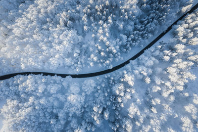 High angle view of snow on water against sky