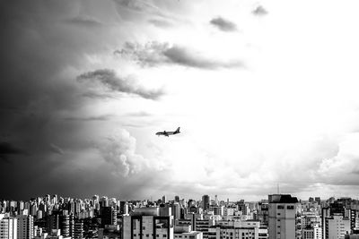 Low angle view of airplane flying over city against sky