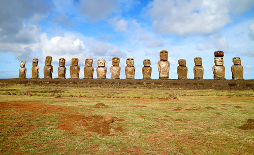 Gigantic 15 moai statues of ahu tongariki, the largest ceremonial platform on easter island, chile,