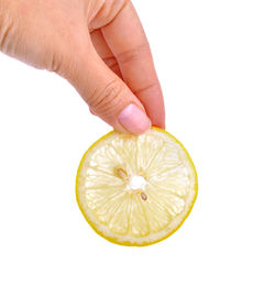 Close-up of hand holding apple against white background