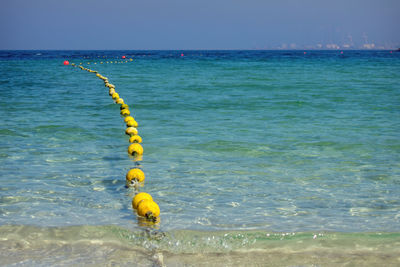 Seascape with floating buoys and rope dividing area on sea shore of al mamzar beach dubai 