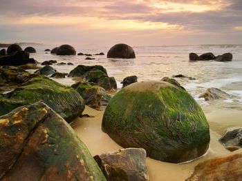 Rocks on beach against sky during sunset