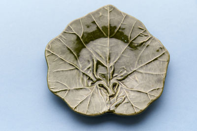 Directly above shot of empty leaf pattern diya on blue background