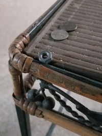 High angle view of old machine on table