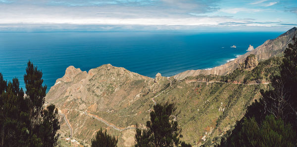 Panoramic view of sea and mountains against sky