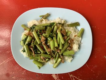 High angle view of chopped vegetables in plate