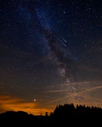 Low angle view of silhouette trees against sky at night