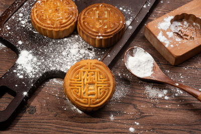 High angle view of cookies on table