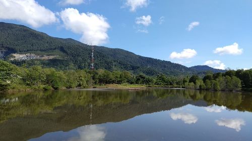 Scenic view of lake and mountains against sky