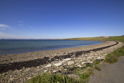 Scenic view of sea against clear blue sky