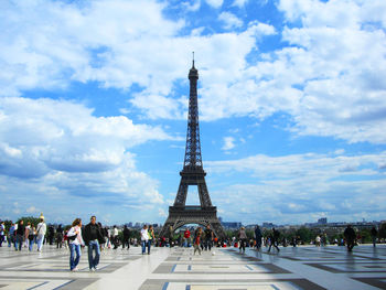 View of communications tower in city