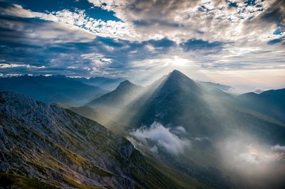 Scenic view of mountains against sky during sunset