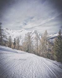 Snow covered landscape against sky