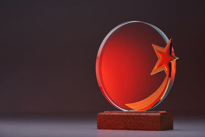 Close up  crystal trophy with red light 