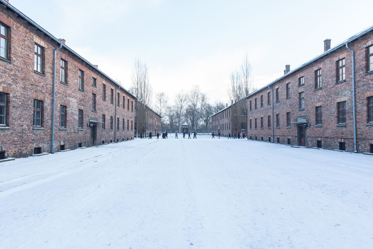 SNOW COVERED ROAD AMIDST HOUSES AGAINST SKY