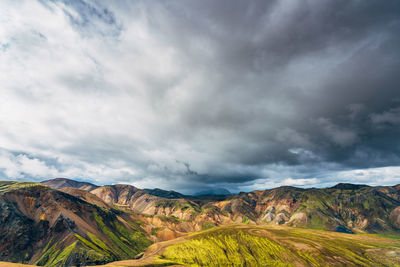 Scenic view of rock formations against cloudy sky