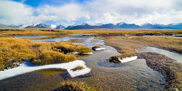 Scenic view of lake and snowcapped mountains against sky