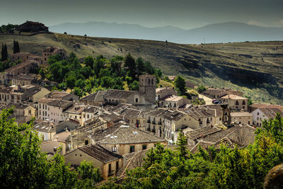 High angle view of buildings against sky