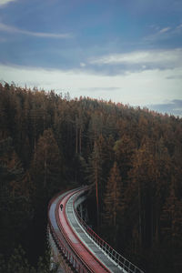 High angle view of road amidst trees against sky