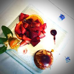 High angle view of dessert in plate on table