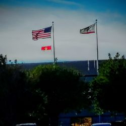 Low angle view of american flag against sky