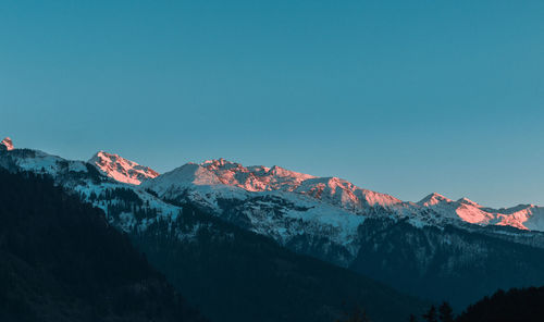 Scenic view of snowcapped mountains against clear sky