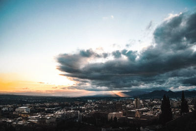 High angle view of townscape against sky during sunset