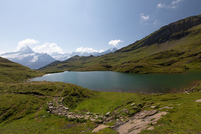 Scenic view of mountains and lake against sky