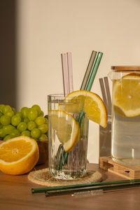 Glass of water with fresh lemon juice with reusable glass straws detox cold tonic water with sunny