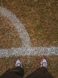 Low section of man standing on field