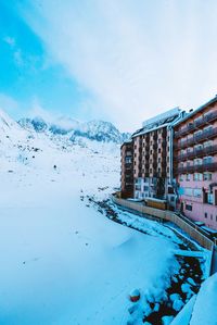 Snow covered buildings against sky