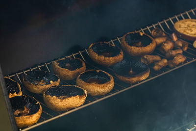 High angle view of food on barbecue grill